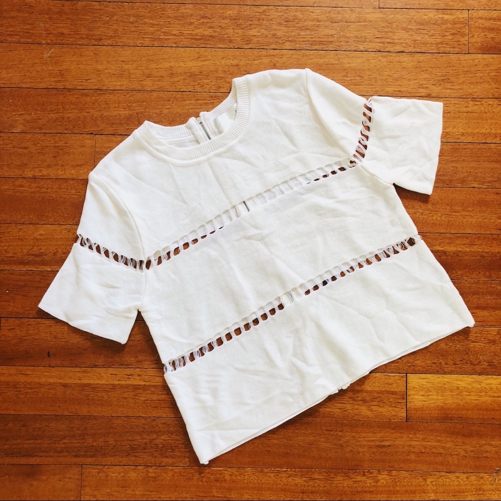 J.O.A. White Distressed Hole Sweater Top Zipper M
